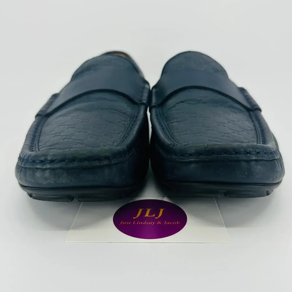 Gucci Men's Microguccissima Navy Blue Leather Slip On Driver Loafers Size 9